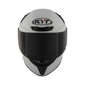 Motodrift KYT TT Revo Plain white sport touring helmet with a dark tinted visor, front view.