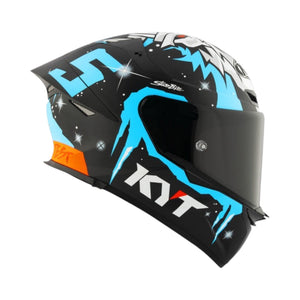 Motodrift KYT TT Revo Jaume Masia Winter Test replica motorcycle helmet in matte black with blue and orange graphics.