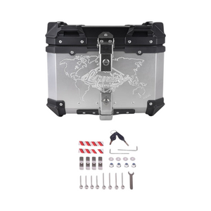 Motodrift Legundary Fort Knox 45L aluminium motorcycle top box with world map engraving and included mounting hardware