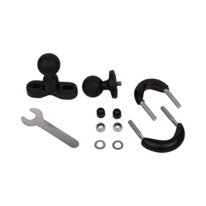 Motodrift LGP camera mount handle fitting kit with ball joints, U-bolt clamp, nuts, washers, and wrench on white.