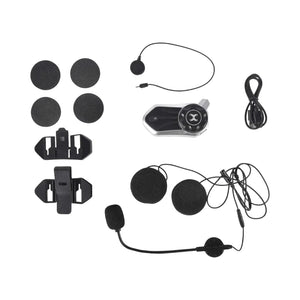 Motodrift LGP X30 Pro motorcycle Bluetooth mesh intercom kit with headset, mounting clips, and charging cable.