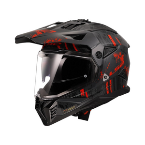 Motodrift LS2 MX436 Pioneer II dual-sport helmet in gloss black and red with an adjustable peak and clear visor