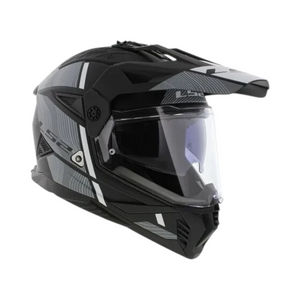 Motodrift LS2 MX436 Pioneer II dual-sport helmet in matte black and white with an integrated sun visor and peak