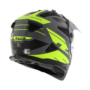 Motodrift LS2 MX436 Pioneer II dual-sport helmet in matte grey and hi-viz yellow, rear three-quarter view.