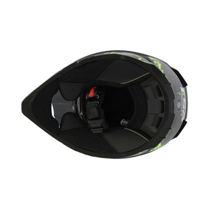 Motodrift LS2 MX436 Pioneer II dual-sport helmet in matte black and hi-viz yellow, viewed from the bottom opening.