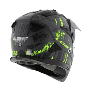Motodrift LS2 MX436 Pioneer II dual-sport helmet in matte black and hi-viz yellow with graphic pattern, rear view