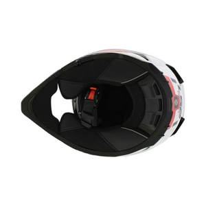 Motodrift LS2 MX436 Pioneer II dual-sport helmet in white and red, viewed from the top showing interior padding.