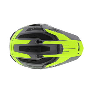 Motodrift LS2 MX436 Pioneer II dual-sport helmet in matt grey and hi-viz yellow, top view showing adjustable peak.