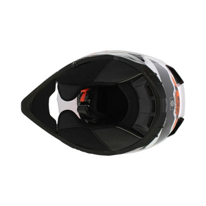 Motodrift LS2 MX436 Pioneer II dual-sport helmet in white and orange, viewed from the top showing the adjustable peak.