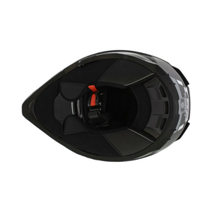 Motodrift LS2 MX436 Pioneer II dual-sport helmet in matte black and white, top view showing interior padding.