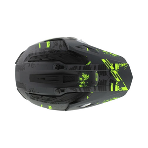 Motodrift LS2 MX436 Pioneer II dual-sport helmet in matte black and hi-viz yellow, top view showing peak and vents.
