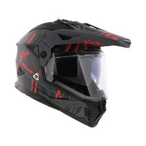 Motodrift LS2 MX436 Pioneer II dual-sport helmet in gloss black and red with an adjustable peak and clear visor