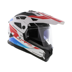 Motodrift LS2 MX436 Pioneer II dual-sport helmet in white, blue, and red with an adjustable peak and clear visor.