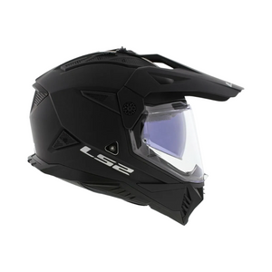 Motodrift LS2 MX436 Pioneer II dual-sport helmet in matte black with adjustable peak and integrated sun visor