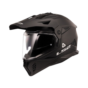 Motodrift LS2 MX436 Pioneer II dual-sport helmet in matte black with an adjustable peak and integrated sun visor