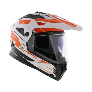 Motodrift LS2 MX436 Pioneer II dual-sport helmet in white and orange with an adjustable peak and clear visor