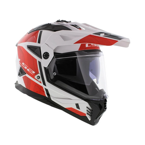 Motodrift LS2 MX436 Pioneer II dual-sport helmet in white and red with an adjustable peak and integrated sun visor