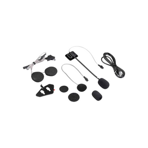 Motodrift MIDLAND BT MINI intercom headset components including speakers, boom microphone, and USB charging cable.