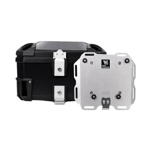 Motodrift MotoVanguard 50L black ABS motorcycle top box with stainless steel mounting plate and locking hardware