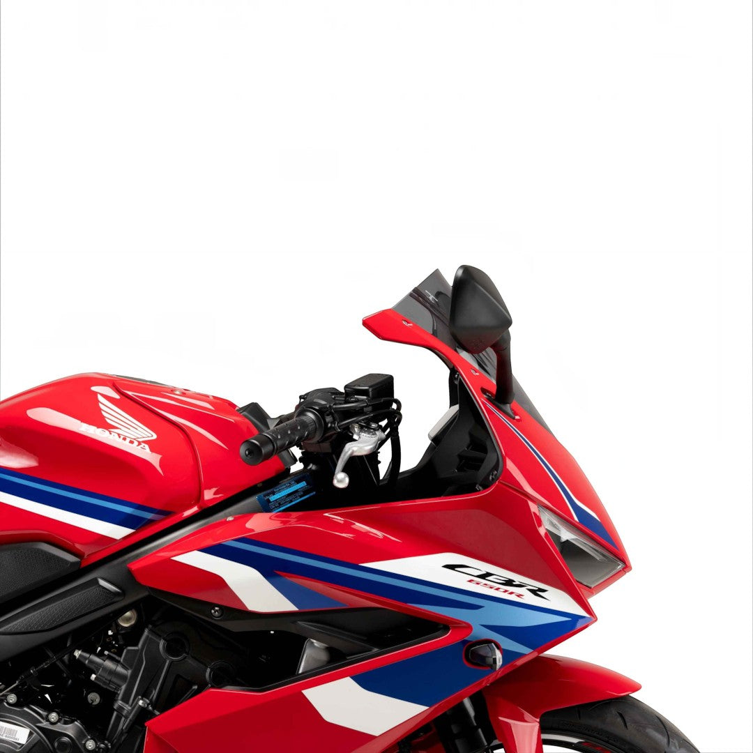 Motodrift Puig Z-Racing screen installed on a red Honda CBR650R motorcycle, showing improved aerodynamic profile.