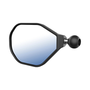 Motodrift RAM Tough motorcycle mirror with matte black frame and adjustable ball joint mount for 360-degree rotation