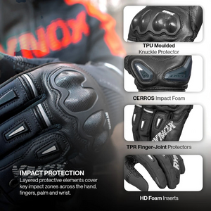 Motodrift Rynox Delta GT black leather motorcycle riding gloves featuring TPU knuckle and finger impact protectors