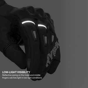 Motodrift Rynox Delta GT motorcycle gloves featuring reflective piping on fingers for low-light visibility