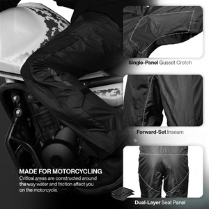 Motodrift Rynox H2Go Pro 2 black waterproof motorcycle rain pants showing gusset, inseam, and dual-layer seat details.