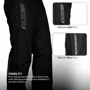 Motodrift Rynox H2Go Pro 2 black waterproof rain pants featuring reflective side and rear branding for high visibility
