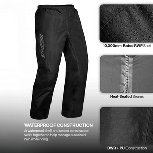 Motodrift Rynox H2Go Pro 2 black waterproof motorcycle rain pants with heat-sealed seams and reflective details.