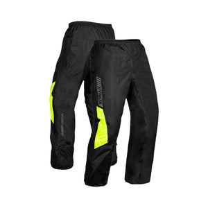 Motodrift Rynox H2Go Pro 2 black waterproof rain pants with high-visibility neon yellow side panels and reflective trim
