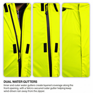 Motodrift Rynox H2Go Pro 4 neon yellow motorcycle rain jacket showing the DryCore WR zipper and dual water gutters