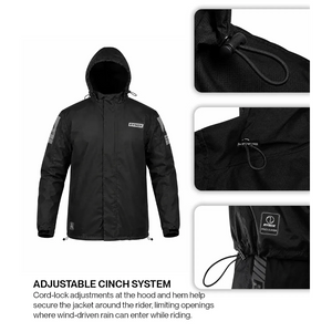 Motodrift Rynox H2Go Pro 4 black waterproof motorcycle rain jacket with adjustable hood and hem cinch system