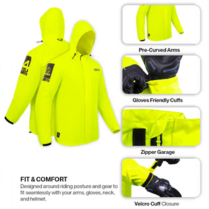Motodrift Rynox H2Go Pro 4 neon yellow waterproof motorcycle rain jacket with reflective details and adjustable cuffs.