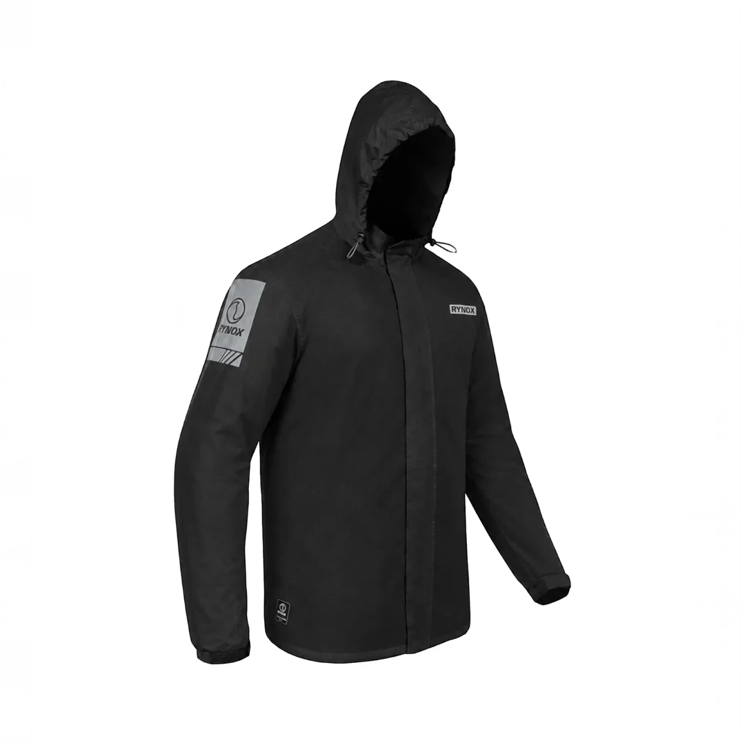 Motodrift Rynox H2Go Pro 4 black waterproof motorcycle rain jacket with hood and reflective branding on the sleeve