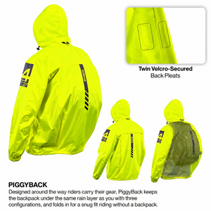 Motodrift Rynox H2Go Pro 4 neon yellow waterproof motorcycle rain jacket with reflective details and backpack coverage