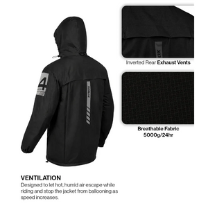 Motodrift Rynox H2Go Pro 4 black waterproof motorcycle rain jacket with rear exhaust vents and reflective detailing