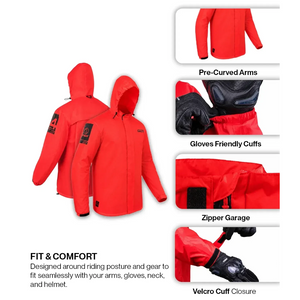 Motodrift Rynox H2Go Pro 4 red waterproof motorcycle rain jacket with pre-curved arms and adjustable velcro cuffs