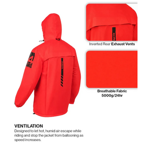Motodrift Rynox H2Go Pro 4 red waterproof motorcycle rain jacket with hood and rear exhaust vents
