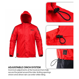 Motodrift Rynox H2Go Pro 4 red waterproof motorcycle rain jacket with adjustable hood and hem cinch system