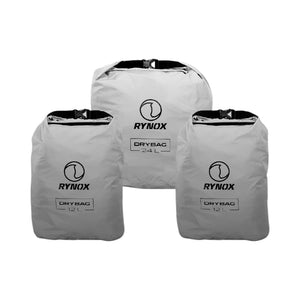 Motodrift Rynox Optimus tail bag set featuring one 24L and two 12L grey waterproof internal dry bags for motorcycles