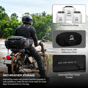 Motodrift Rynox Optimus 50L motorcycle tail bag mounted on a bike with internal dry bags and rain cover features