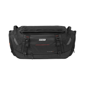 Motodrift Rynox Optimus 50L motorcycle tail bag in black with durable polyester construction and compression straps.