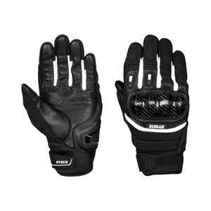 Motodrift Rynox Striker GT all-black short-cuff motorcycle gloves with carbon-fibre knuckle protection and leather.