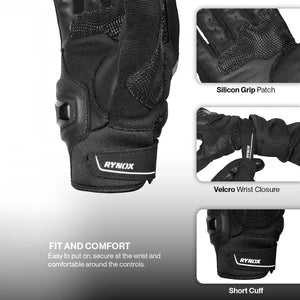 Motodrift Rynox Striker GT black short-cuff motorcycle gloves featuring velcro wrist closure and silicon grip patch