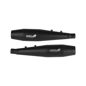 Motodrift Silver Stallion Performance matte black exhaust canisters for Royal Enfield Interceptor and GT 650 motorcycles.