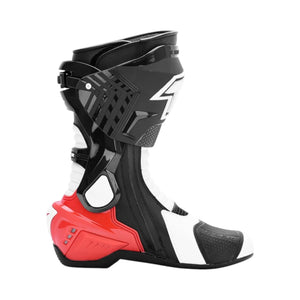Motodrift TR Tiger X-ONE PRO motorcycle riding boots in black, white, and red with reinforced TPU ankle protection.