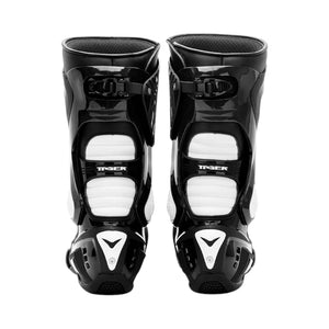 Motodrift TR Tiger X-ONE PRO black and white motorcycle riding boots with reinforced ankle and heel protection