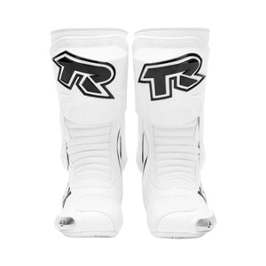 Motodrift TR Tiger X-ONE PRO white microfiber motorcycle riding boots with metal toe sliders and ankle protection.