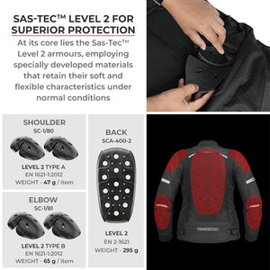 Motodrift ViaTerra Ellis women's riding jacket showing SAS-TEC Level 2 shoulder, elbow, and back armor protection.